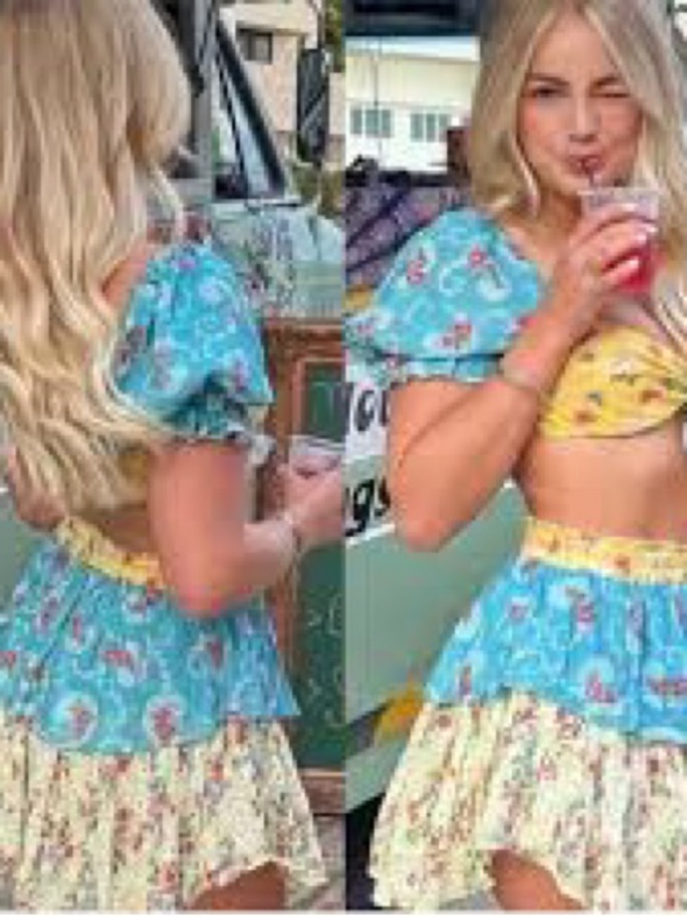 Love shack Floral Tie-Front Puff Sleeve Crop Top - Yellow & Blue SELLING AS It - Picture 5 of 9